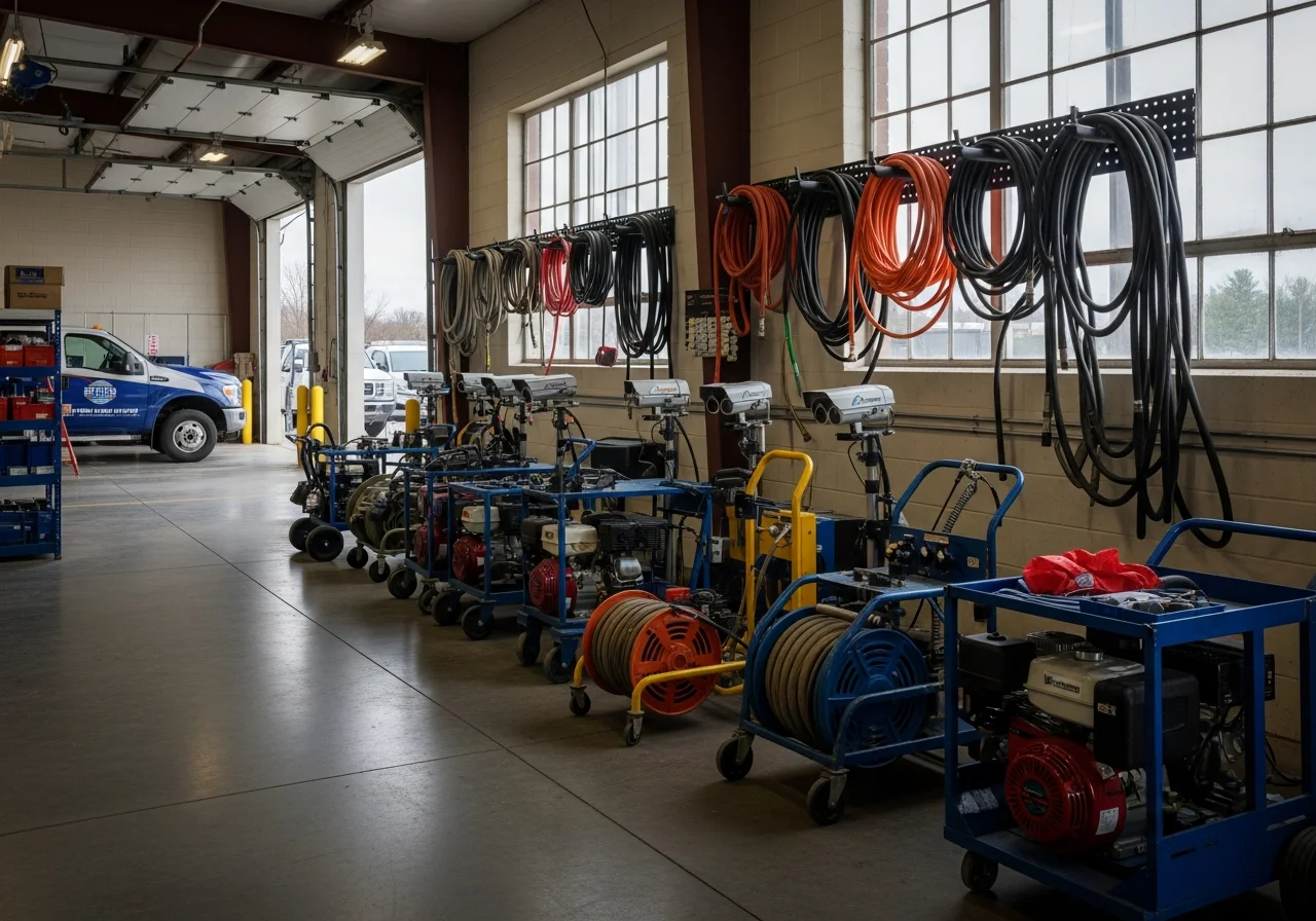 Stormwater maintenance crew with specialized equipment and vehicles ready for field operations. Shop floor with hydro-jetting and CCTV inspection tools.