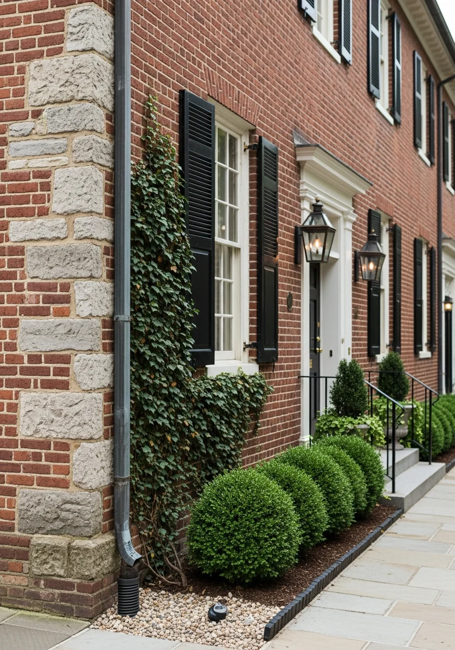 Close-up of a well-maintained colonial-style front entrance with period details and landscaping in Alexandria.