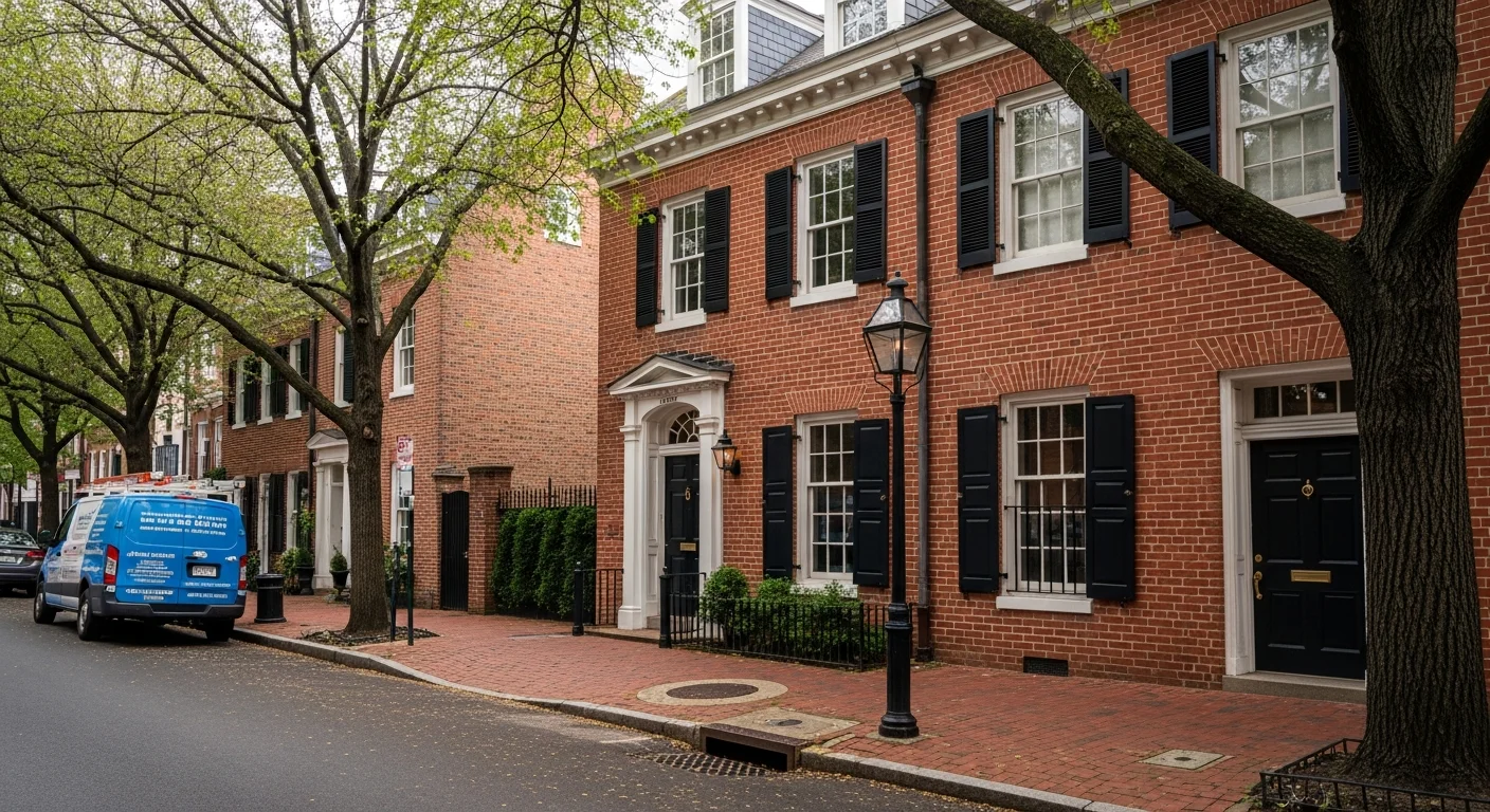 Historic Alexandria townhouse with brick facade and traditional shutters on a tree-lined street in Old Town.