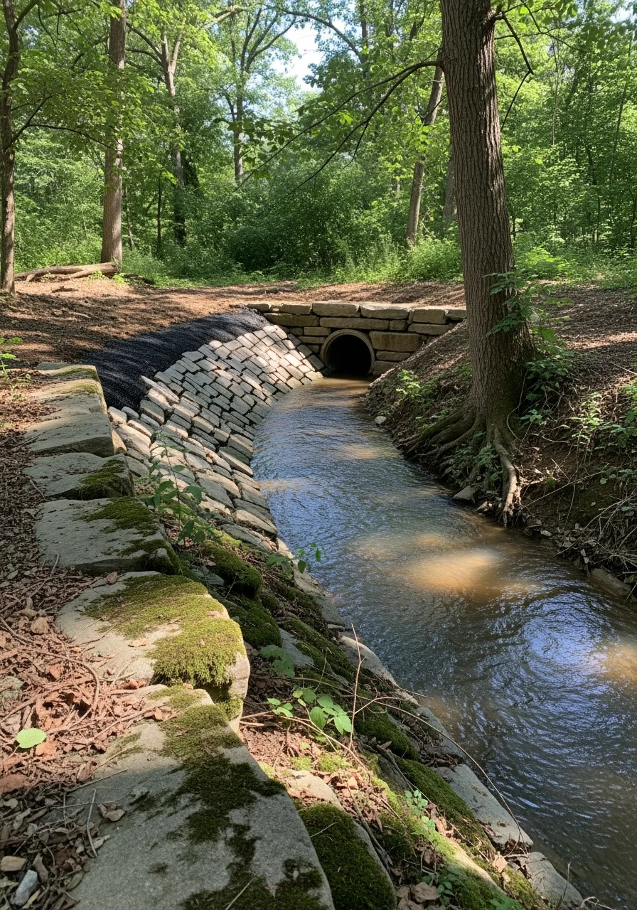 Stream restoration project in Baltimore County showing erosion control and stormwater outfall stabilization