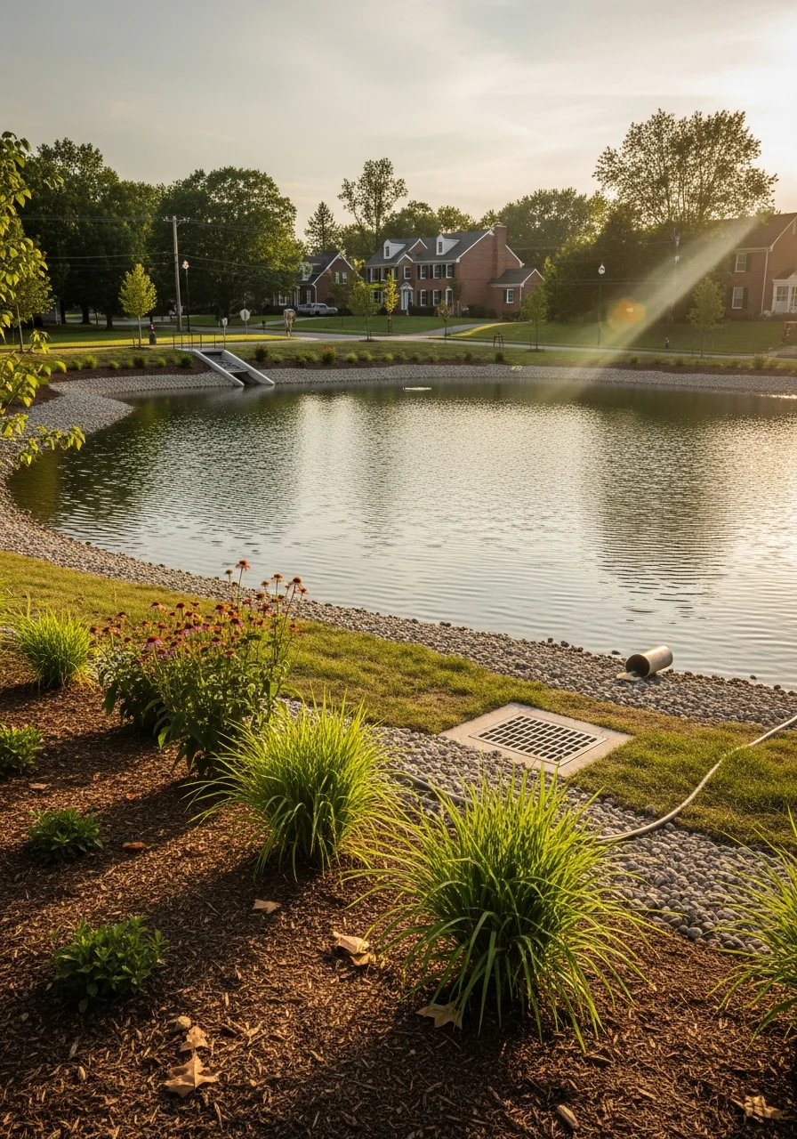 Stormwater management pond and detention facility in Frederick County residential area