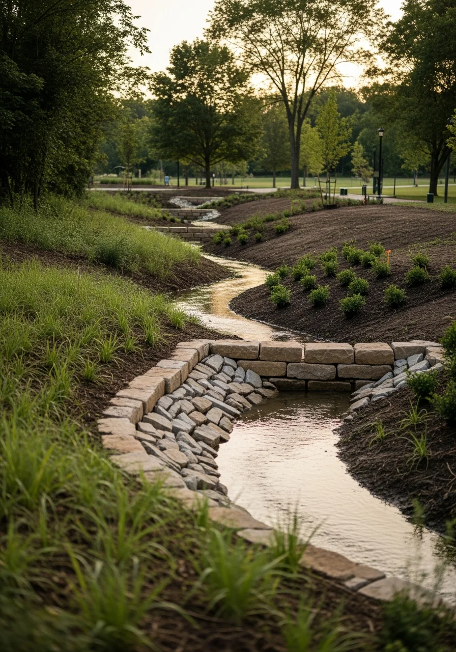 Stormwater detention pond and stream restoration project in Germantown Park, Montgomery County