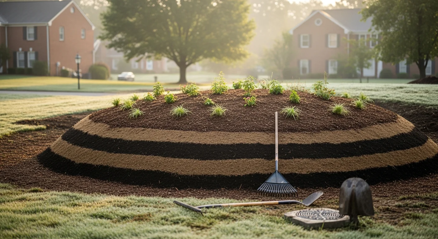 A professionally installed bioretention rain garden in an Alexandria, VA residential yard, showing a bowl-shaped planted bed with native grasses and perennials capturing runoff from a downspout along a brick-paved driveway. The layered mulch surface and gently sloped sides reflect a correctly graded stormwater BMP designed to filter runoff before it reaches local waterways.