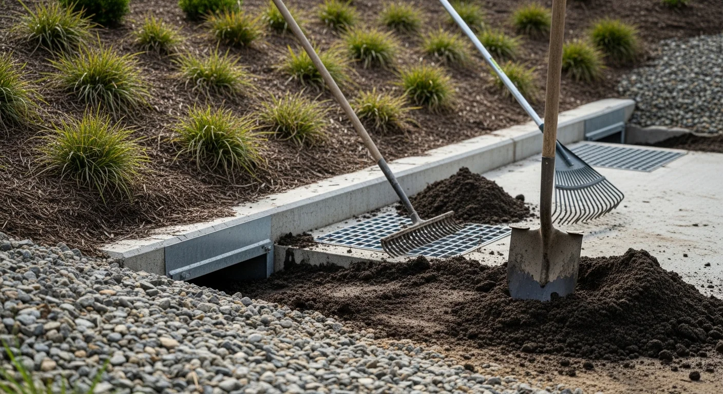 A maintained bioretention BMP facility on a commercial property in Alexandria, VA, with cleared inlets, healthy vegetation, and no visible sediment buildup. A stormwater technician conducts a post-maintenance inspection at the facility edge.