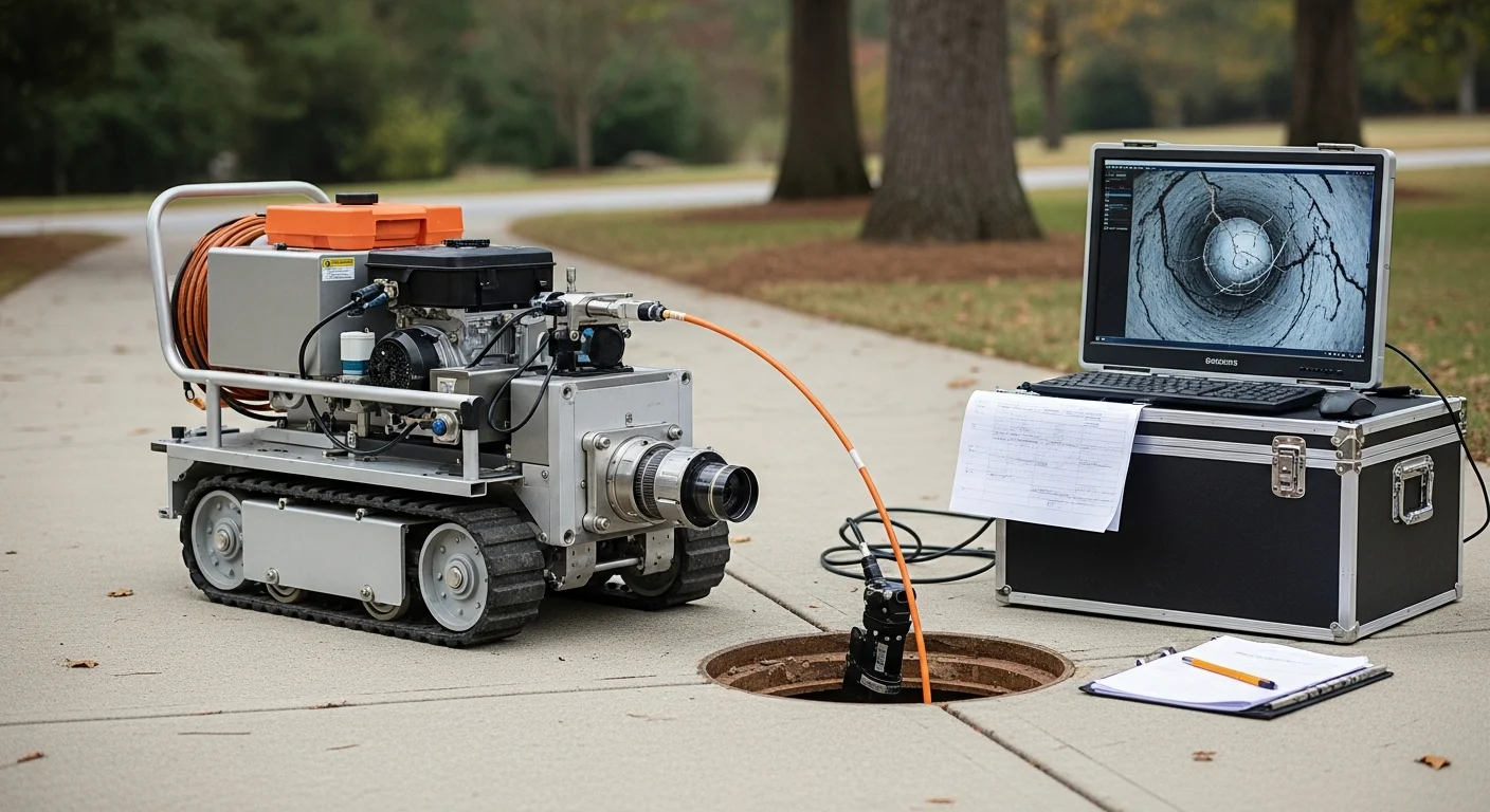 CCTV pipeline inspection crawler entering a stormwater drain pipe at an Alexandria, VA residential property. The monitor beside the access point displays a live feed of the pipe interior showing sediment buildup and a visible root intrusion along the pipe wall.