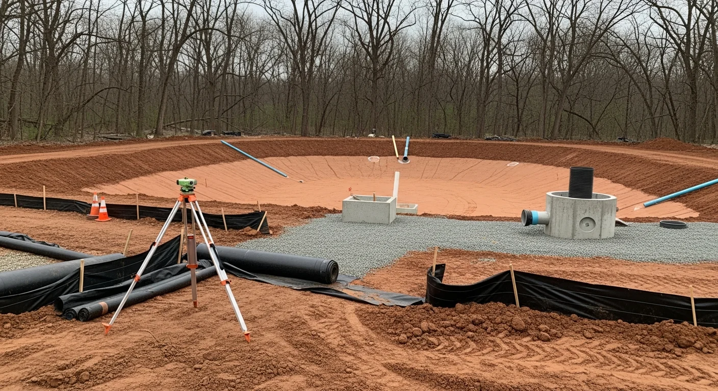 A newly installed retention pond on a commercial property in Alexandria, VA, with a graded earthen embankment, a concrete outlet structure, and a vegetated buffer along the pond edge. The surrounding site shows controlled grading directing stormwater runoff into the pond basin.