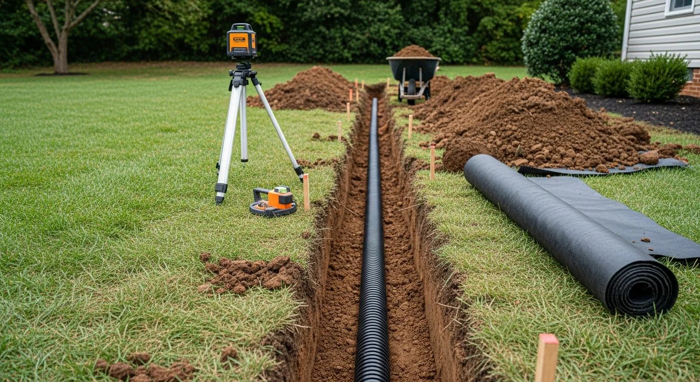 A graded residential yard in Alexandria, VA with a newly installed subsurface drainage channel directing stormwater away from the home's foundation. Stabilized soil and compacted grading are visible along the property's slope following erosion control work.