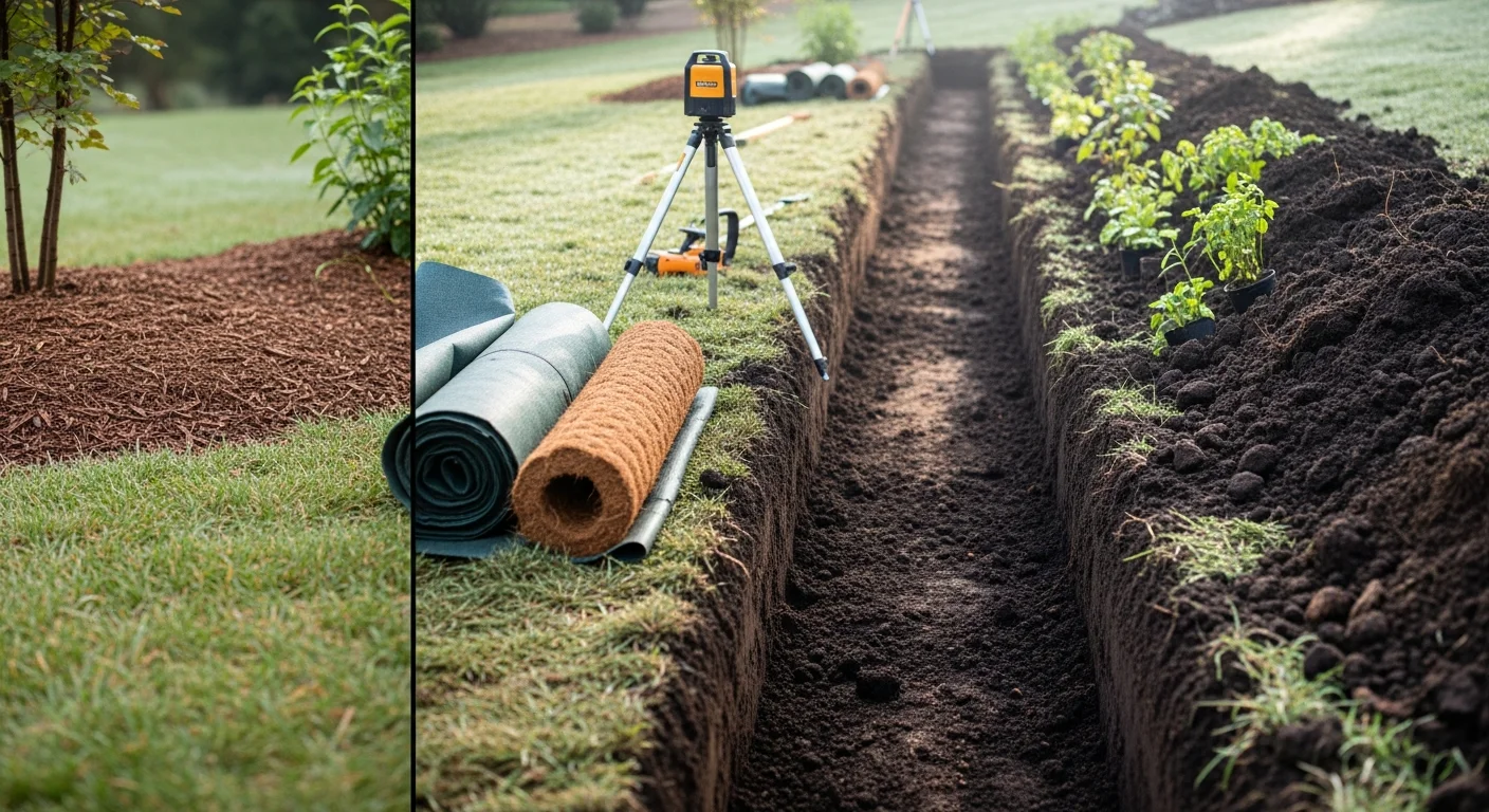 A newly installed vegetated bioswale running along the edge of a residential yard in Alexandria, VA, with graded earthwork channeling stormwater away from the home's foundation. Native grasses and low plantings line the swale corridor, with a visible gentle slope directing flow toward a stable outlet.