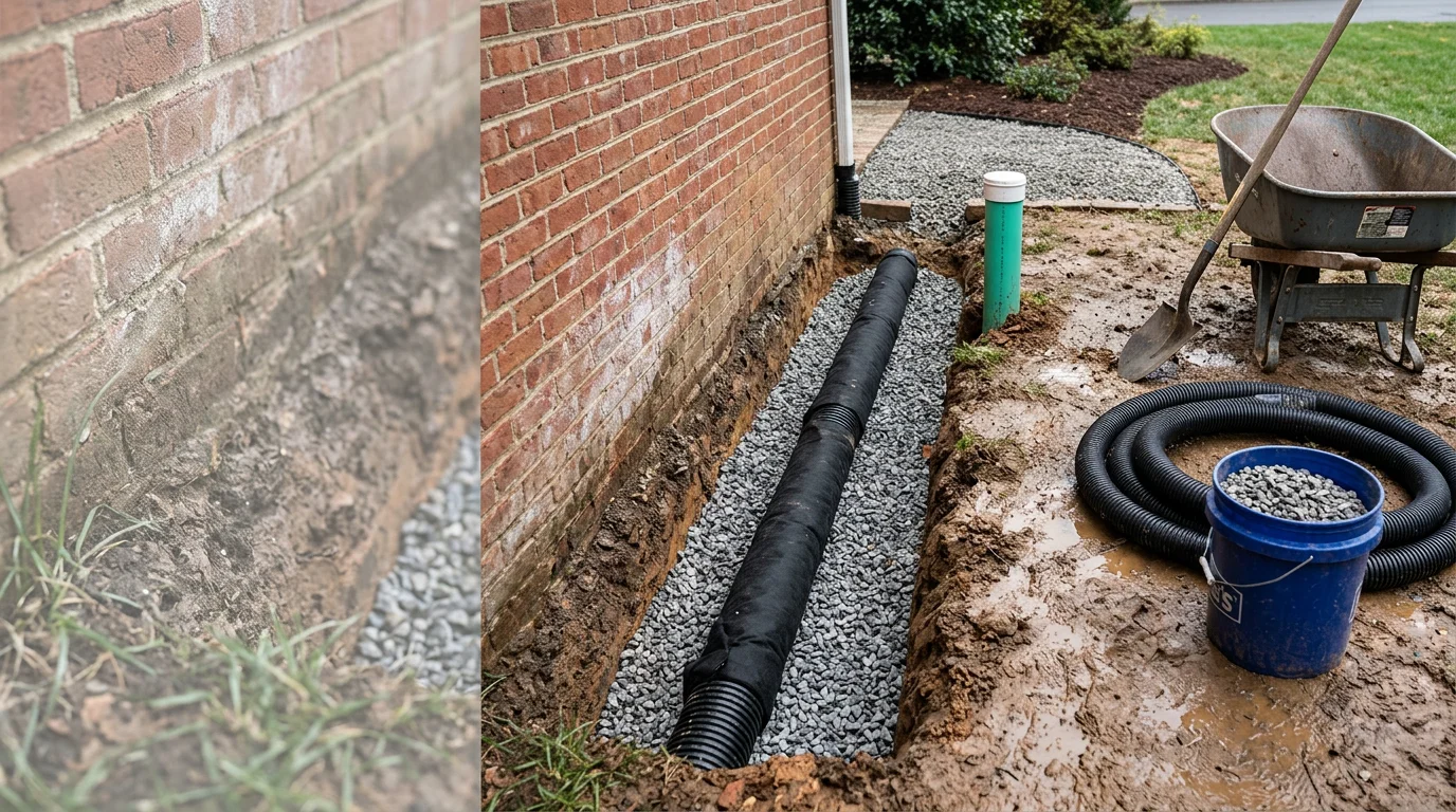 A perimeter foundation drain system installed along the base of a residential foundation in Alexandria, Virginia, with gravel-lined trench and drain pipe visible before backfill. Clay soil conditions and a partially excavated foundation wall are shown in the background.
