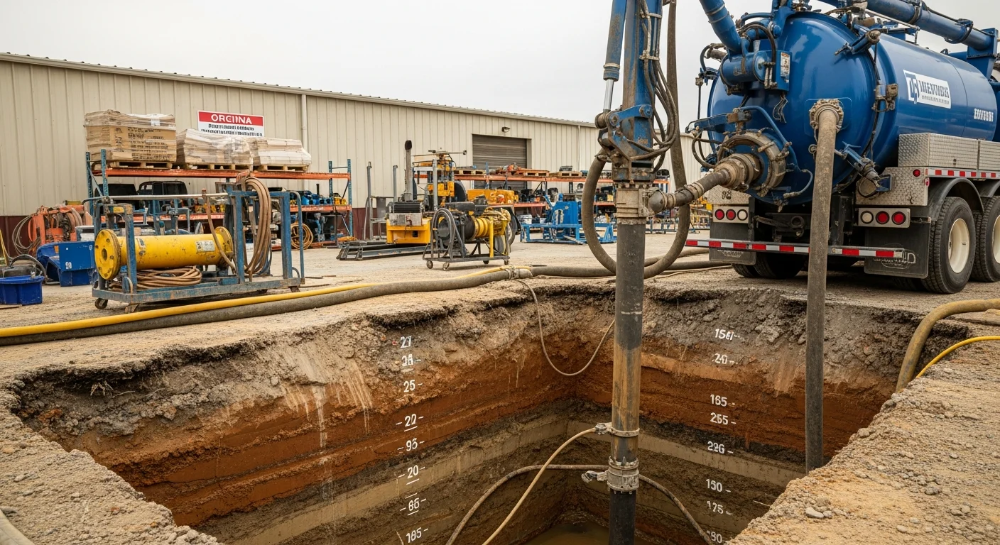 A hydro excavation truck on an Alexandria, VA job site with a pressurized water hose exposing underground utility pipes in a narrow, clean-cut trench. The surrounding pavement and soil remain undisturbed alongside the excavation zone.