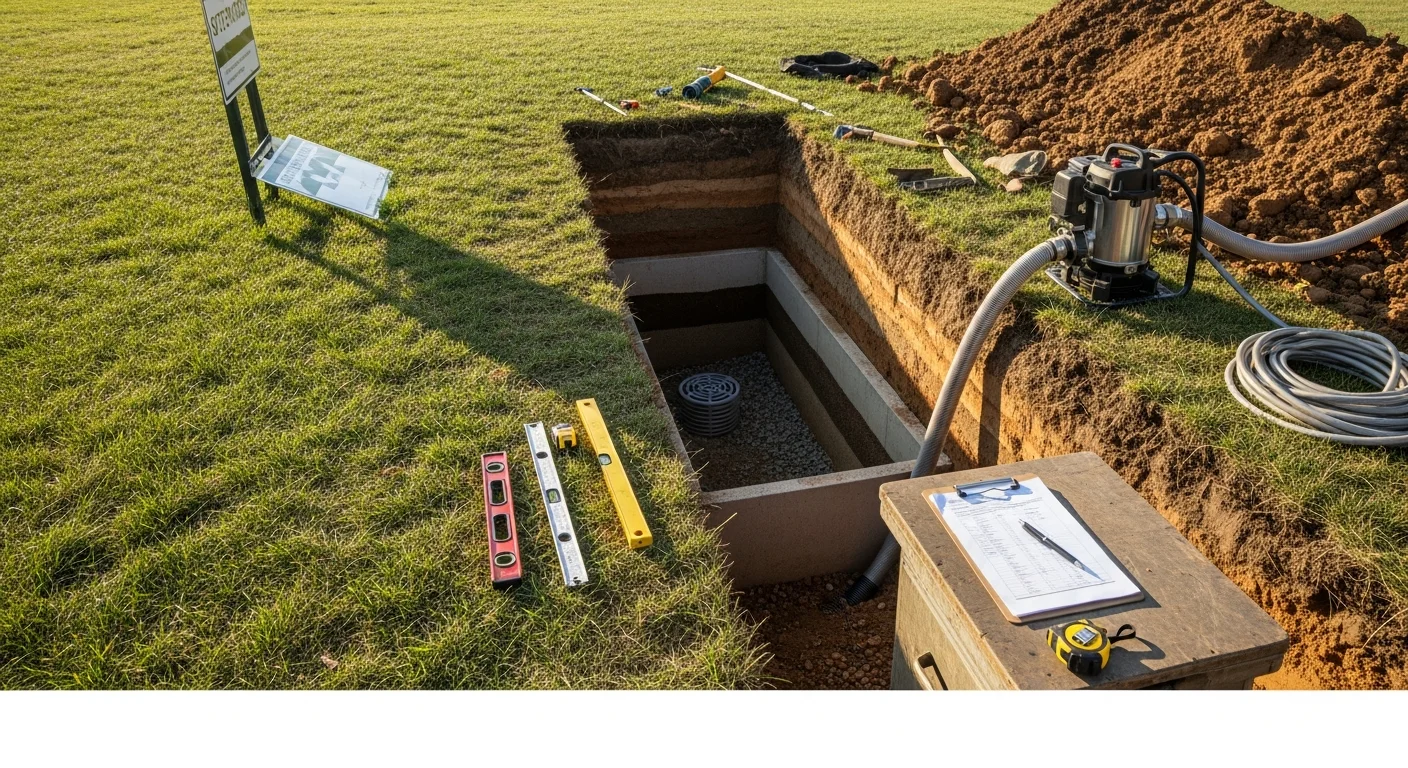A technician from AllGreen Solutions inspecting the inlet of an underground infiltration system on a residential property in Alexandria, VA. The surrounding ground is clear of standing water, showing a properly maintained stormwater BMP after a rain event.