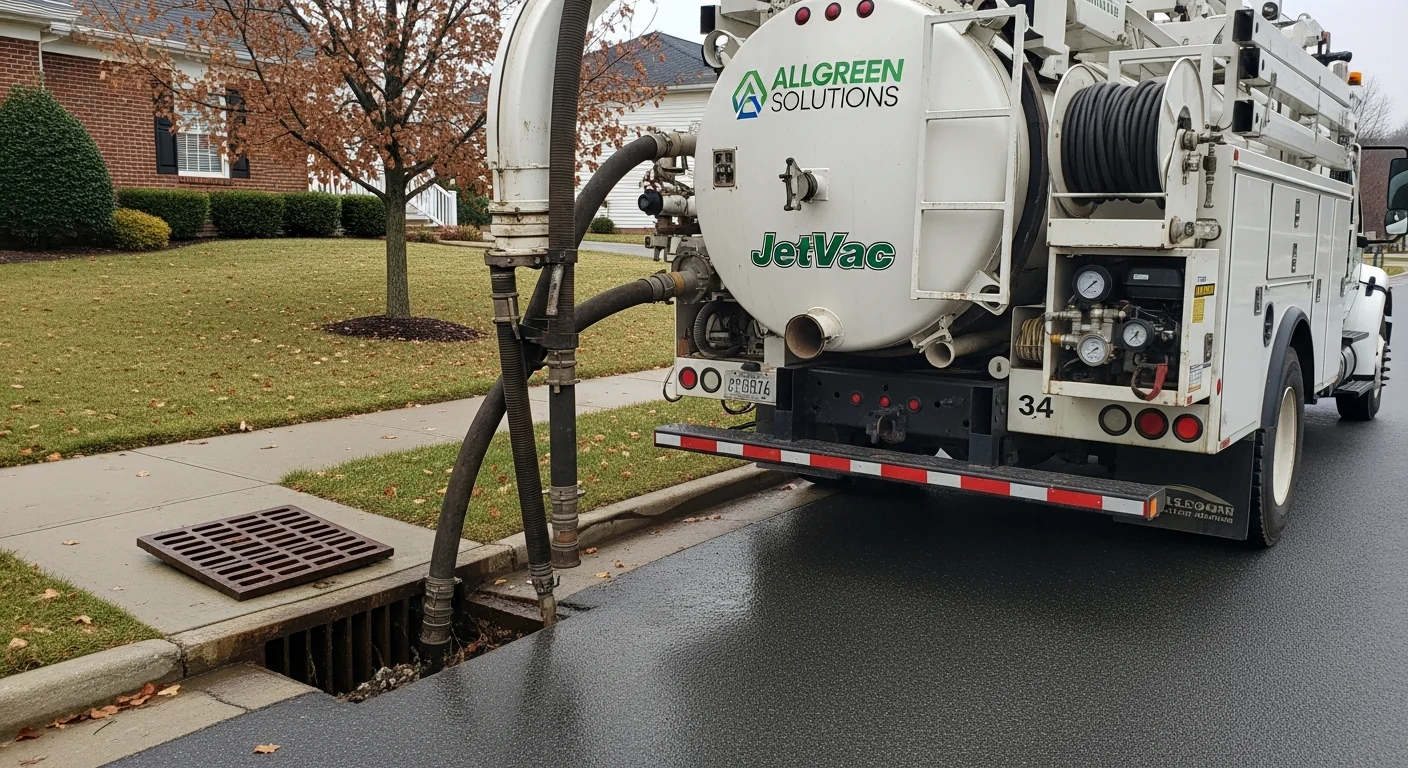 A JetVac combination truck parked alongside a commercial property in Alexandria, VA, with a technician operating the jetting hose at an open catch basin inlet. The truck-mounted vacuum system is actively removing sediment and debris from the storm drain structure.