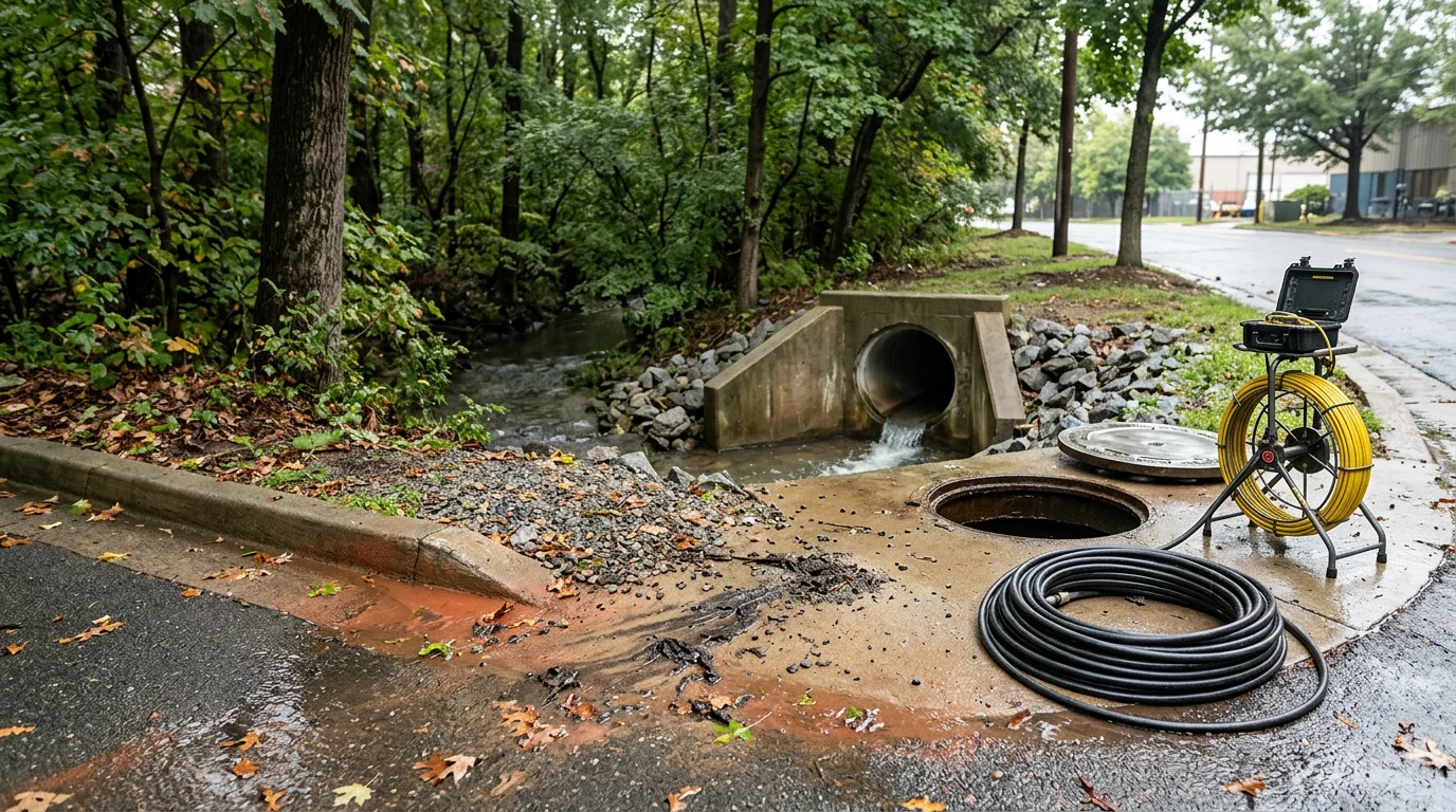 A CCTV inspection crawler entering a storm sewer conduit during a pipe cleaning operation at a commercial property in Alexandria, VA. Technicians monitor the live video feed from the surface while a jetting hose clears sediment from the underground pipe.