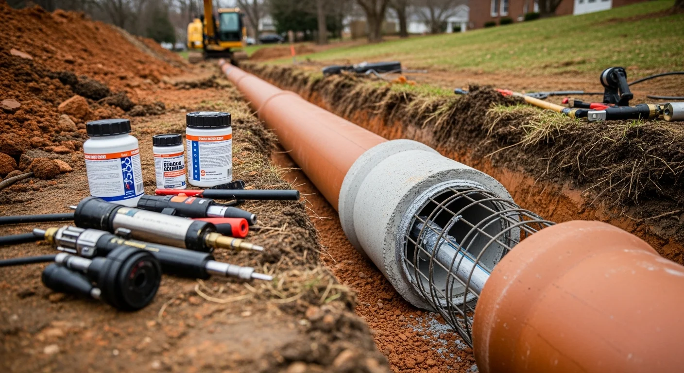 A stormwater pipe point repair in progress on a residential property in Alexandria, VA, showing an excavated section of damaged concrete pipe being restored. The surrounding clay soil and drainage infrastructure are visible alongside the repair site.