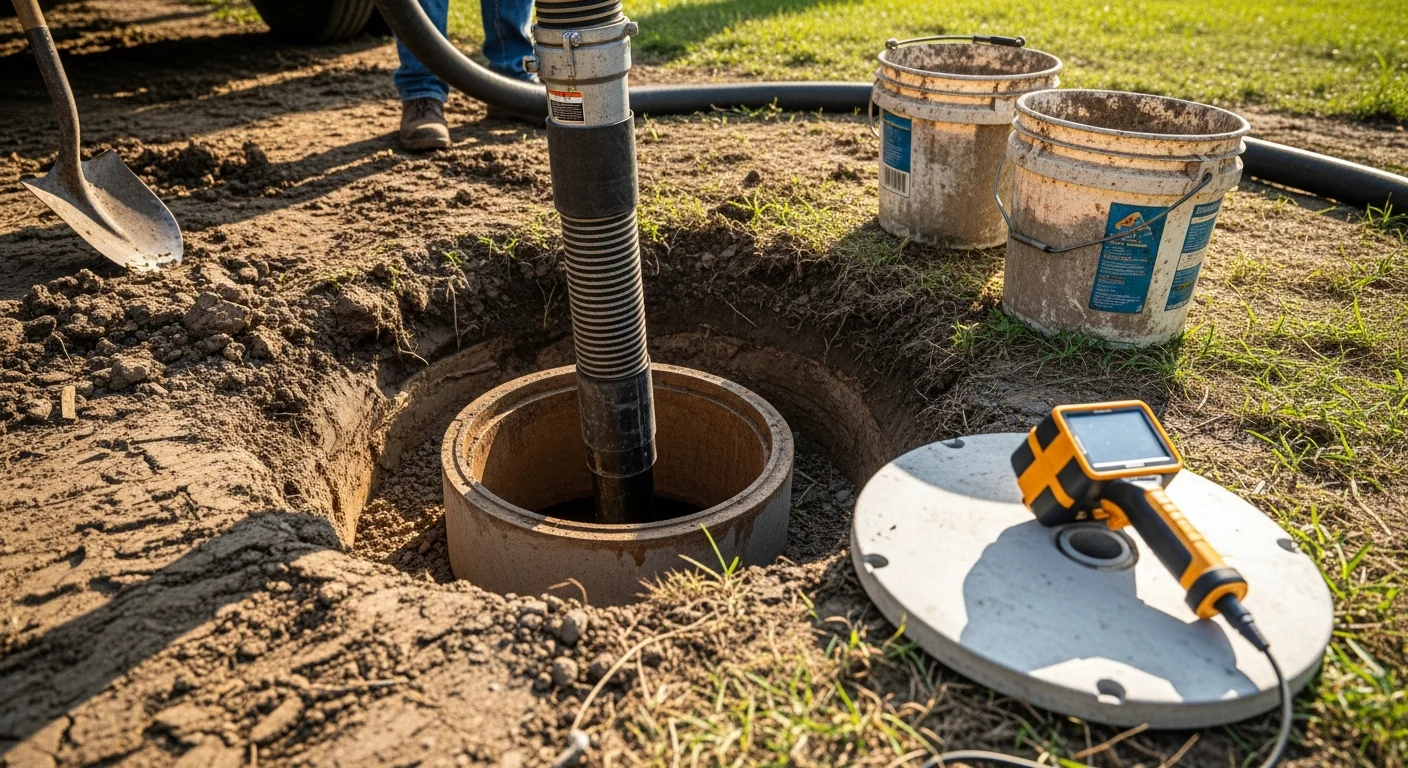 A technician from AllGreen Solutions inspecting an underground proprietary stormwater vault on a commercial property in Alexandria, VA. The access opening is visible at grade level, with a vacuum service truck positioned nearby on the paved surface.
