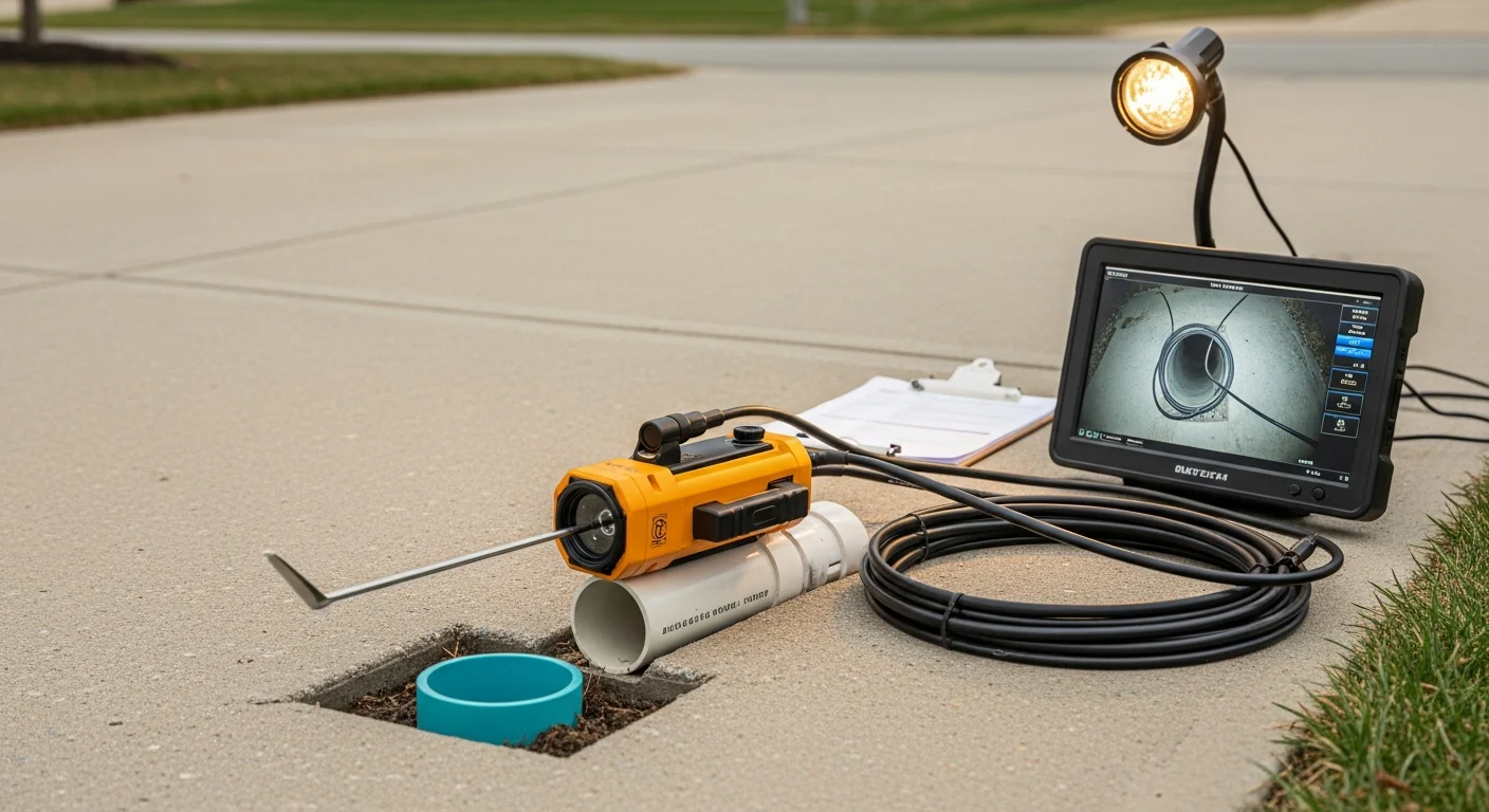 A push camera cable being fed into a small stormwater pipe opening at a residential property in Alexandria, VA. The connected monitor displays a live interior view of the pipe showing sediment buildup along the pipe wall.
