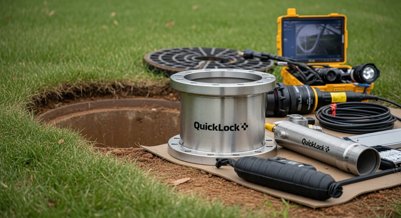 A stainless steel QuickLock sleeve locked inside a clay stormwater lateral after trenchless point repair in Alexandria, VA. The repaired pipe section shows a smooth, sealed interior with no visible cracking or joint separation.
