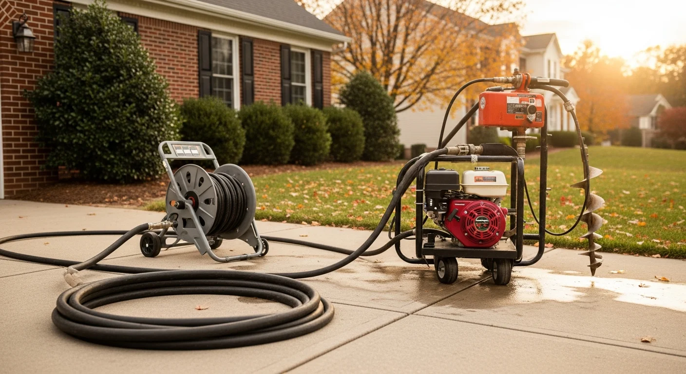 A technician from AllGreen Solutions feeds a drain cleaning cable into a sewer cleanout access point outside a residential property in Alexandria, VA. The surrounding yard shows mature trees typical of older Alexandria neighborhoods.