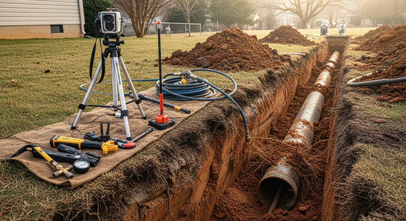 A repaired residential sewer lateral in Alexandria, VA showing a clean pipe trench with restored backfill along a tree-lined property. Close-up view of a camera inspection feed displaying the interior of a clay sewer pipe with root intrusion cleared and pipe walls intact.