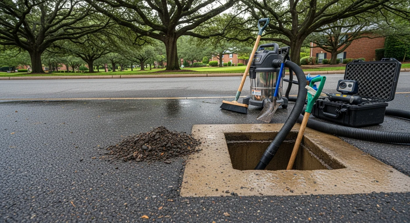 A technician vacuuming sediment and debris from a concrete catch basin on a paved Alexandria, VA commercial property. The cleaned basin sump and clear outlet pipe are visible after service.