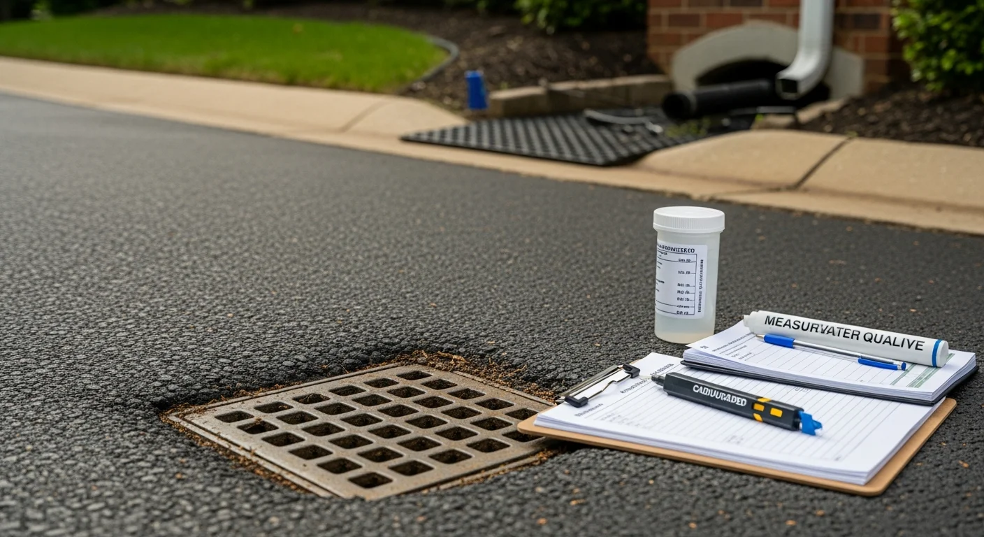 A stormwater compliance technician reviewing BMP inspection records beside a bioretention basin at a commercial property in Alexandria, VA. Clipboard documentation and a maintained vegetated filter strip are visible in the foreground.