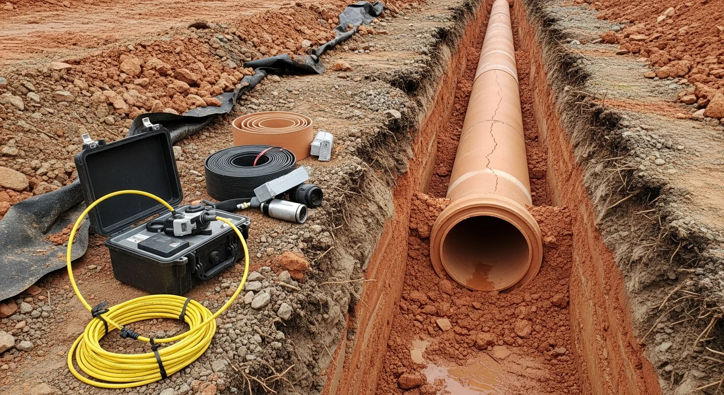 A rehabilitated underground stormwater pipe with a smooth, sealed interior shown in a post-inspection camera view on an Alexandria, VA residential property. The surrounding yard shows restored grading and no signs of erosion or standing water near the drainage outlet.